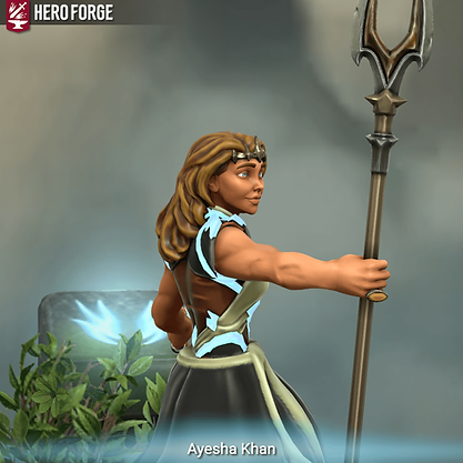 Bronze-skinned woman with light brown hair dressed in regal garb holding a two-barbed spear. She wears a crown on her brow.