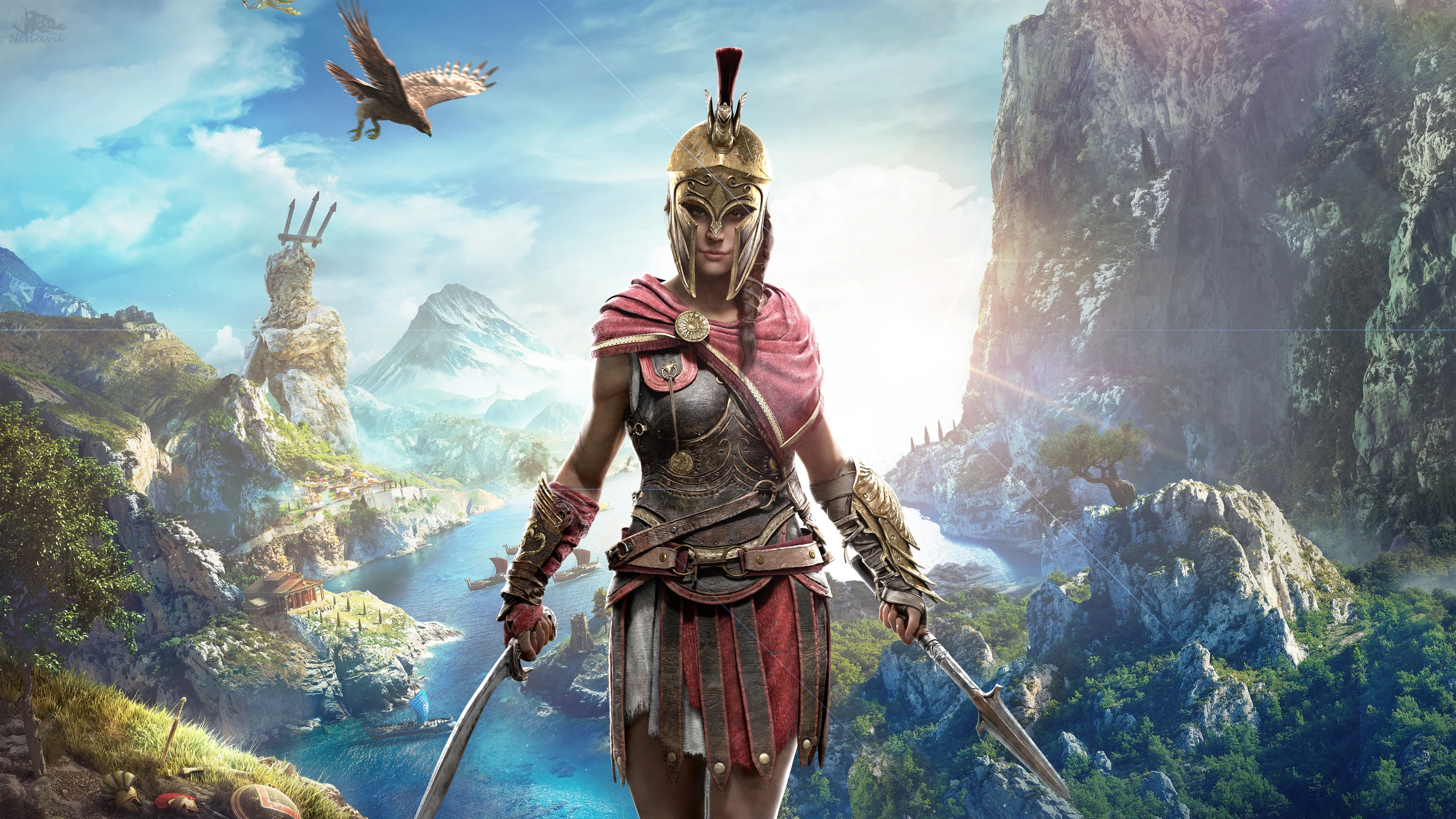 A poster of Kassandra from Assassin's Creed Odyssey before a glorious landscape of Greece