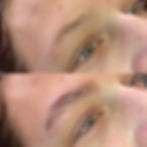Before and after pictures stacked ontop of each other; the top photo shows brows before lamination, the bottom shows them after. The bottom is noticeably neater and more pleasing to the eye.