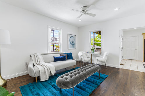 living room with blue accent rug