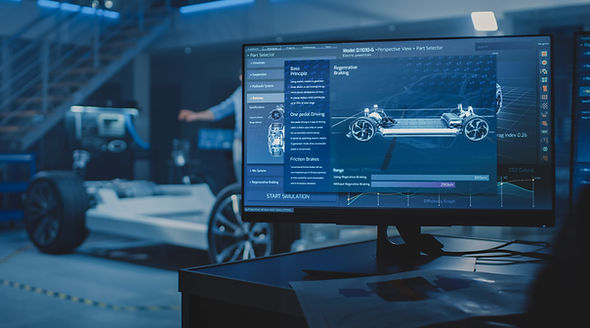 Auto Industry Design Facility Screens Show 3D Cad Software_ Electric Vehicle Platform Chas