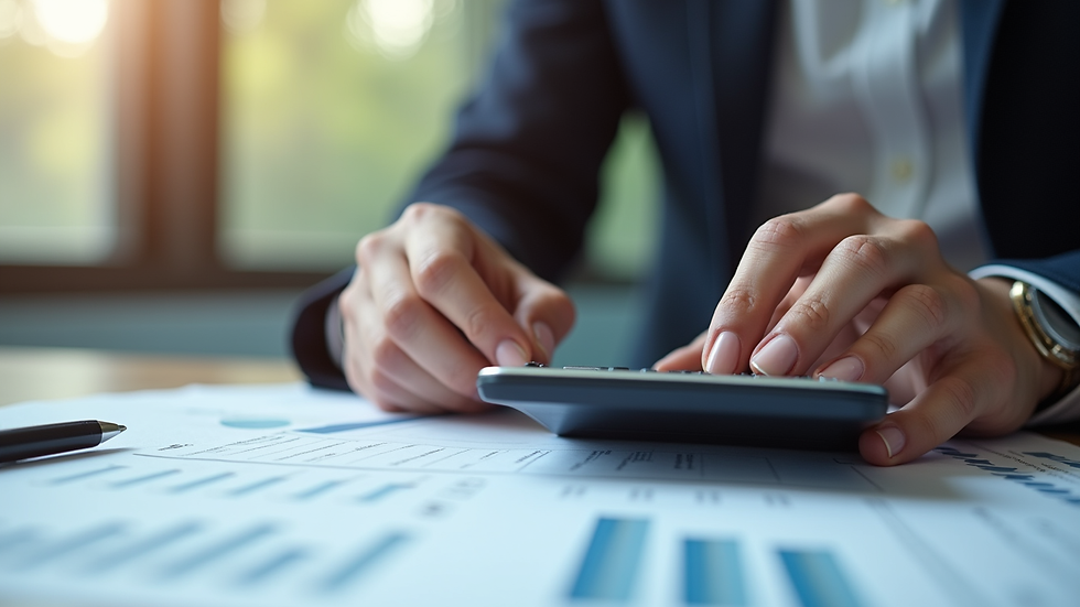 Close-up view of a person reviewing financial documents with a calculator