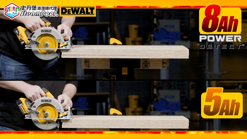 DEWALT Power Detect Circular Saw 得偉戰神風車鋸,使用高容量(8AH)的得偉電池,提升54%的威力輸出,強力切開各種木材、厚木料、原木板,DCS574