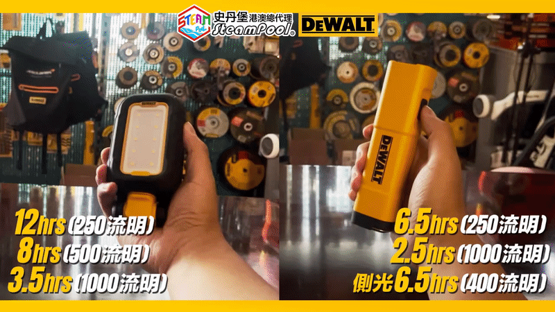 得偉USB-C雙向電筒和得偉USB-C環扣燈在最大光度之下,可以分別連續使用2.5小時和3.5小時;而一般光度最長則可以用到6.5小時和12小時。DEWALT 得偉長征環扣燈,DCL182,得偉蜘蛛俠電筒,DCL183