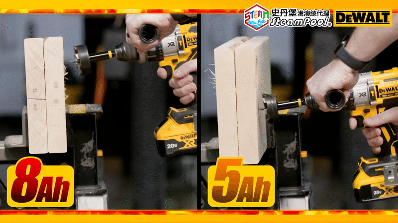 DEWALT Power Detect Hammer Drill 得偉戰神石屎鑽,使用高容量(8AH)的得偉電池,提升29%的威力輸出,強力鑽破石屎、不銹鋼、鐵材、厚木料,DCD998