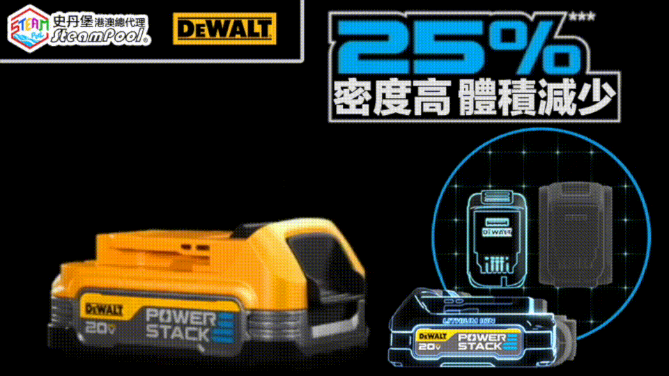 DEWALT 得偉 POWERSTACK 雷切電池 細小輕巧 穩定輸出 狹窄空間 密度高及體積少25% 輕巧15%,DCBP034 DCBP518