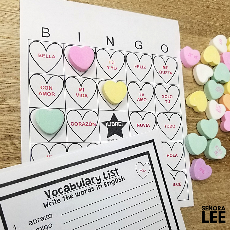 Spanish Valentines Day Bingo Game Conversation Hearts and Vocabulary List