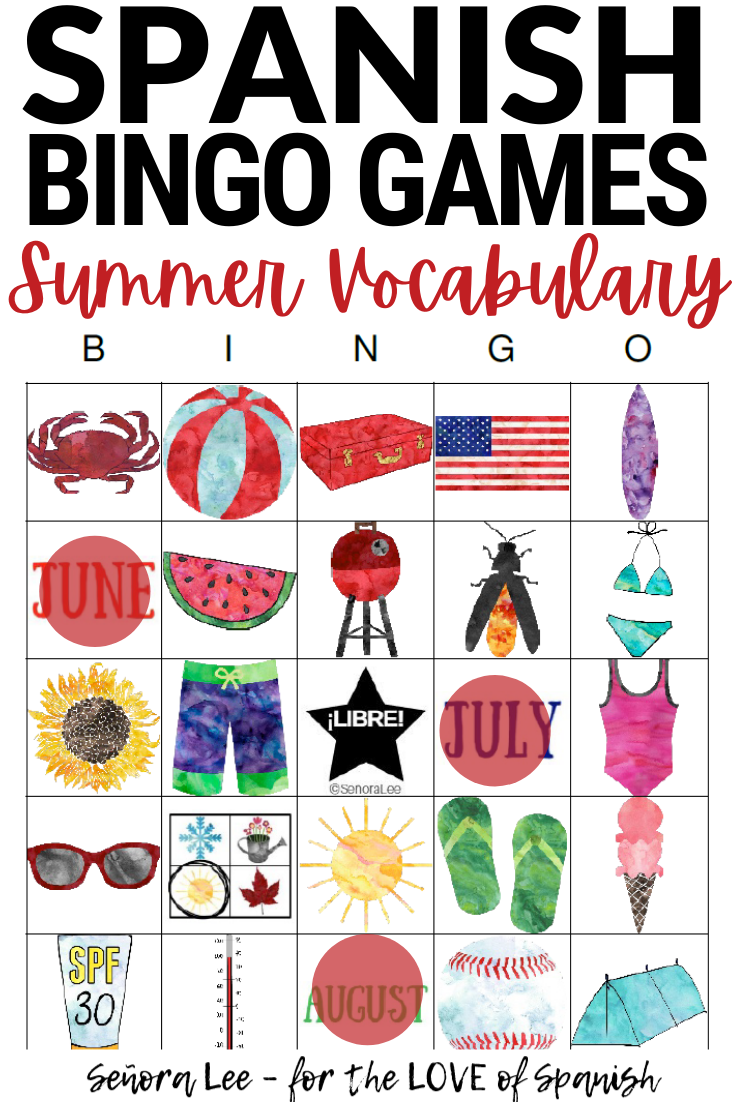 Summer Vocabulary Words in Spanish Activity - Printable Bingo Game