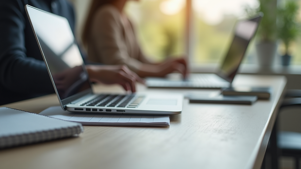 Eye-level view of a modern workspace with a laptop and notepad