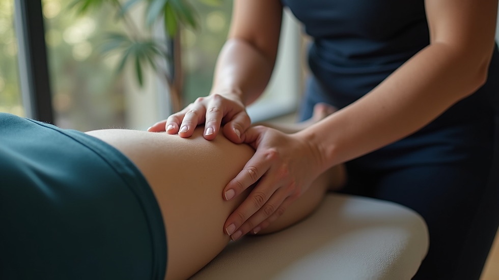 Eye-level view of a massage therapist working on an athlete's leg