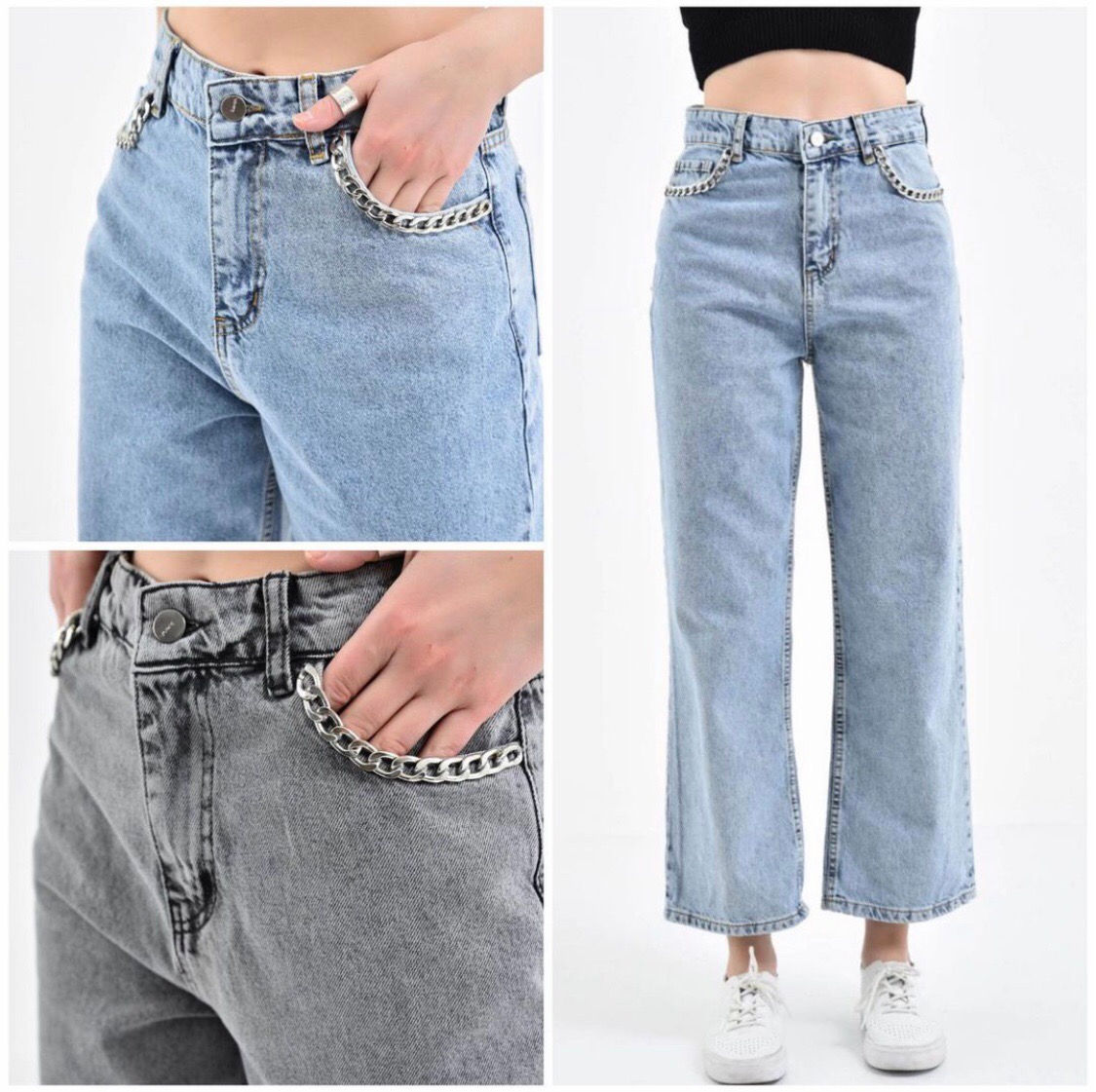 Zincir cepli jean pantalon