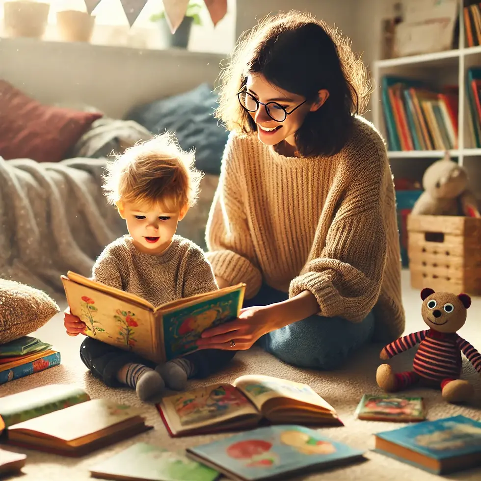 Mum reading to toddler. Building a bond over reading stories together. Books scattered on the floor. Baby holding the book.