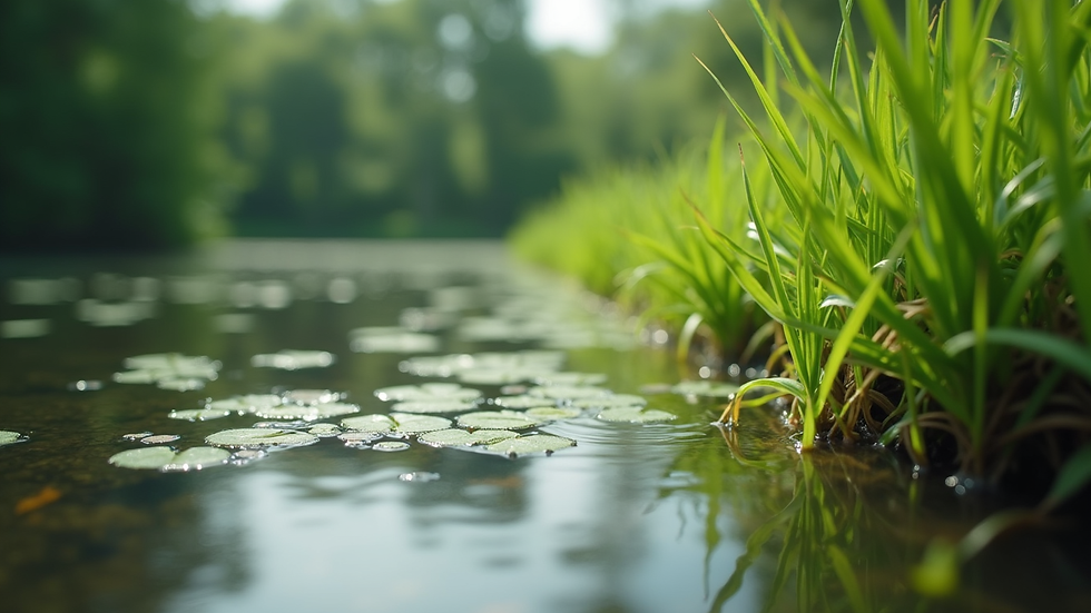 Close-up view of aquatic plants growing along a pond edge