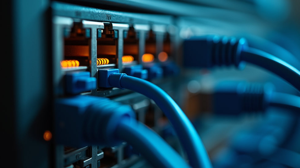 Close-up view of a network switch with multiple Ethernet cables plugged in