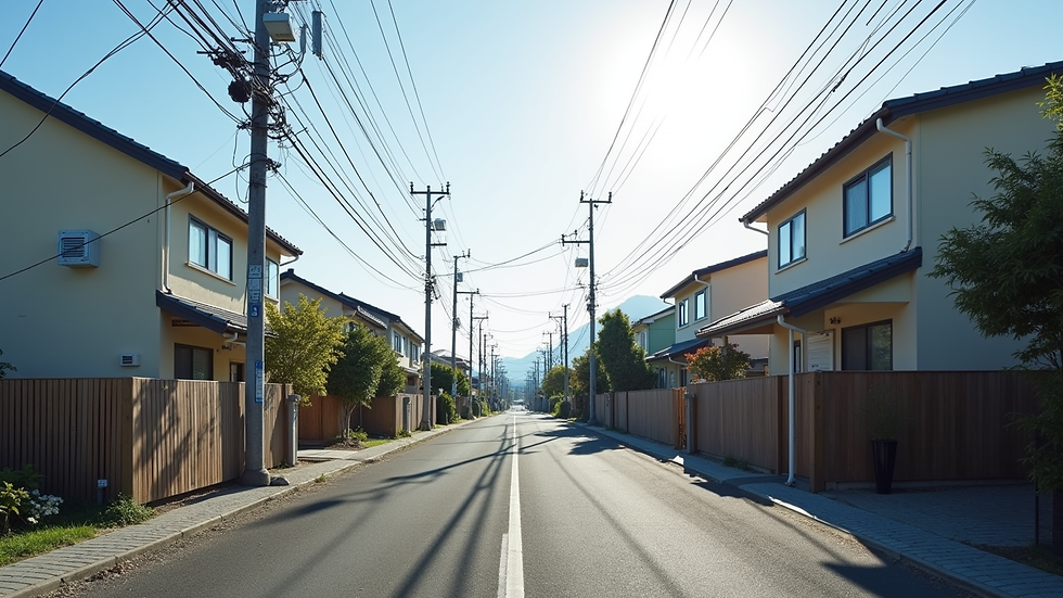 eye-level view of a quiet residential street in Nishikata with modern houses