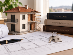 Casa con parte in costruzione accanto a planimetrie, chiavi e libri di diritto su successioni, comunione ereditaria e immobili