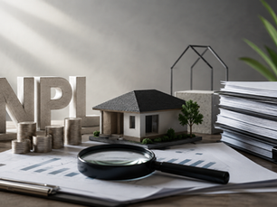 NPL immobiliari con casa, documenti, grafici e monete per l’analisi di un investimento in crediti deteriorati