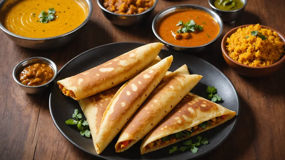Close-up view of a golden-brown masala dosa served with chutney and sambar