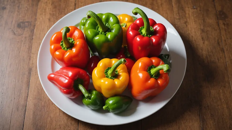 High angle view of colorful stuffed capsicum on a plate
