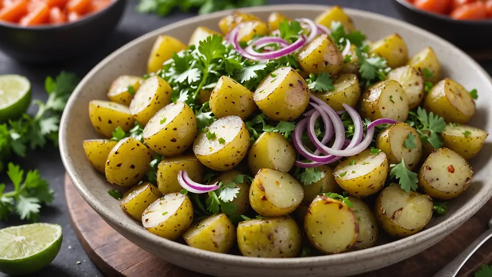 Close-up view of a bowl of green spicy potatoes garnished with fresh coriander and red onion