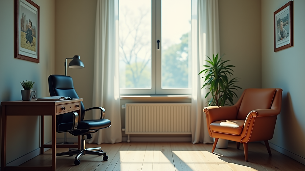 Close-up view of a psychiatrist’s office with a comfortable chair and desk