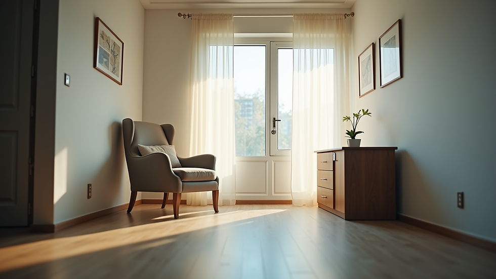 Eye-level view of a calm psychiatrist's office with a comfortable chair and soft lighting