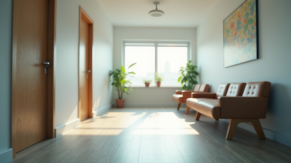 Close-up view of a calm waiting room in a mental health clinic with soft natural light