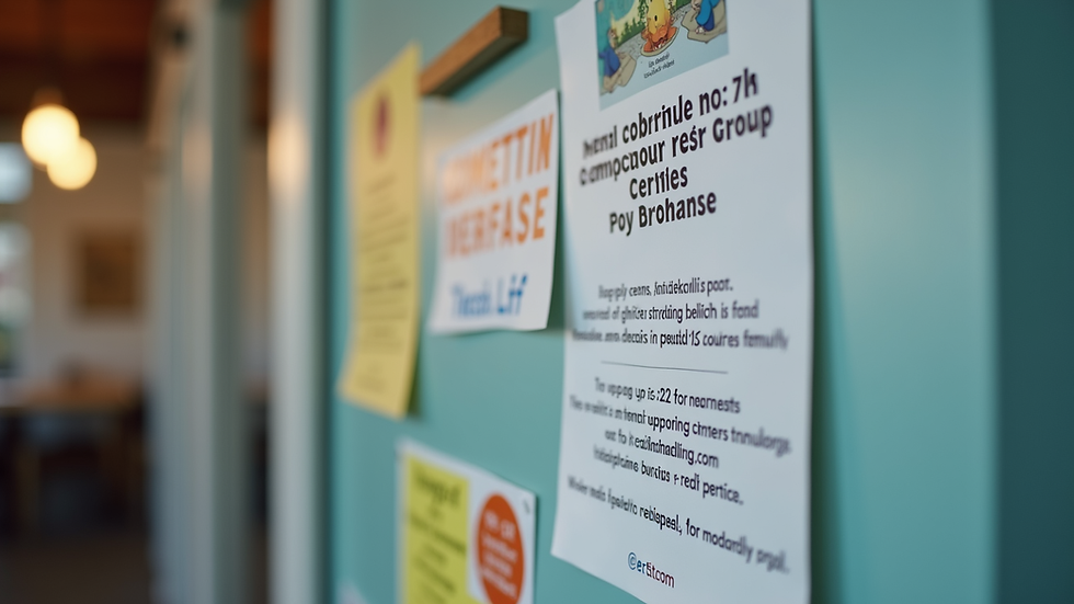 Close-up view of a community center bulletin board with mental health support group flyers