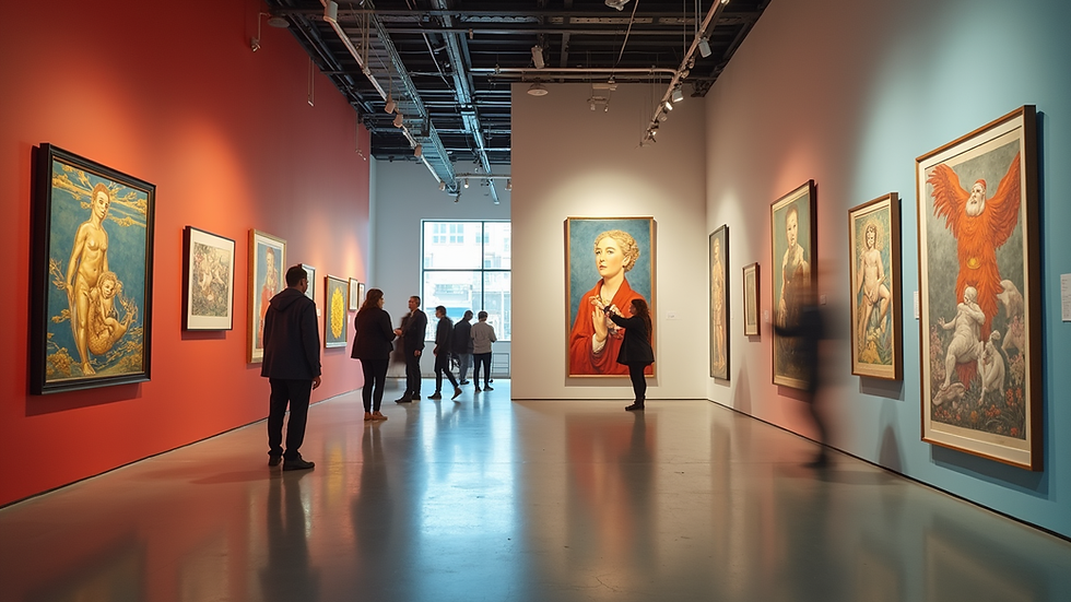 Eye-level view of a vibrant art gallery showcasing various artworks