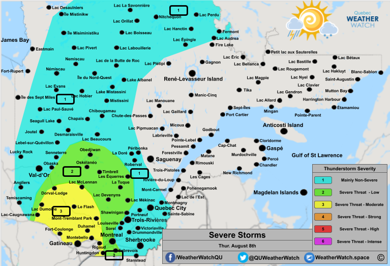 Thunderstorm Forecast, for Southern Quebec. Issued August 8th, 2019.