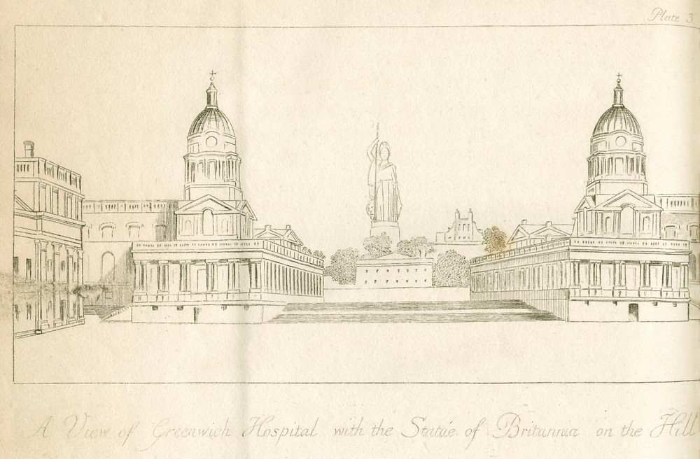 John Flaxman, A View of Greenwich Hospital with the Statue of Britannia on the Hill, 1799, Etching, 188mm x 188mm, 1799, Royal Academy of Arts, https://www.royalacademy.org.uk/art-artists/work-of-art/a-view-of-greenwich-hospital-with-the-statue-of-britannia-on-the-hill.