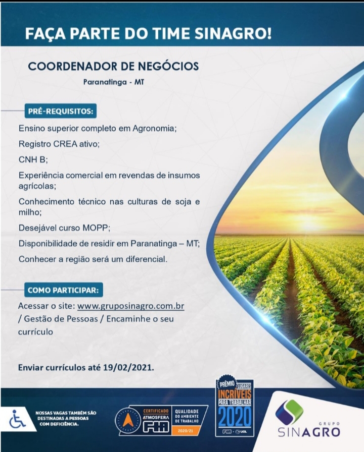 Vaga para Coordenador de Negócios no Grupo Sinagro content media