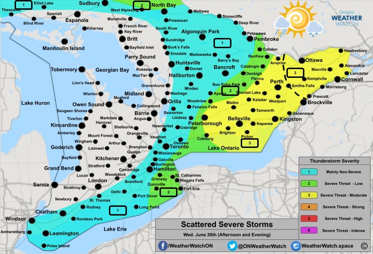 Thunderstorm Forecast, for Southern Ontario. Issued June 26th, 2019.