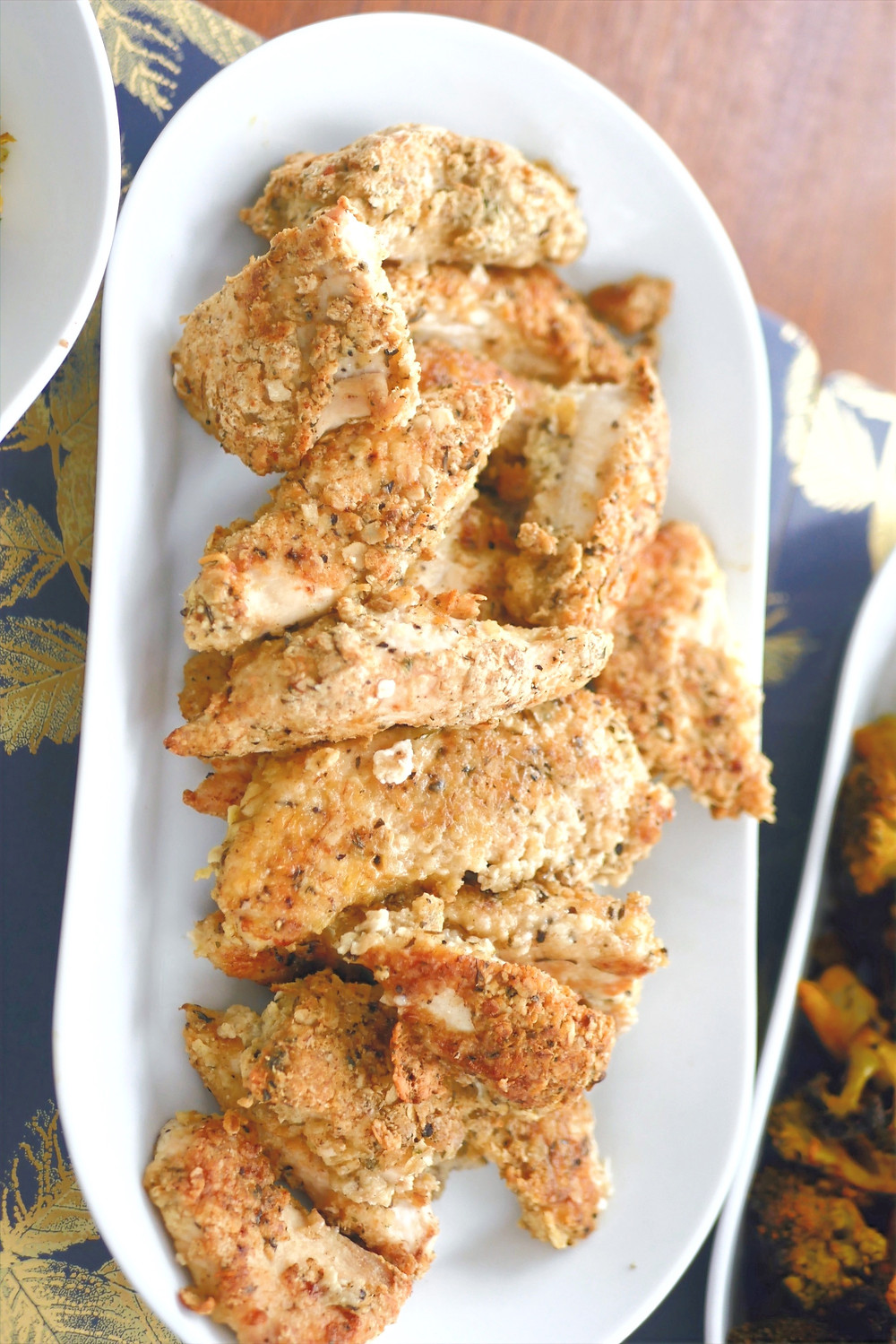 Oat baked chicken tenders with a herb crust.