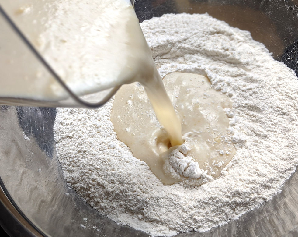 wet dumpling ingredients poured into a mixing bowl with dry ingredients
