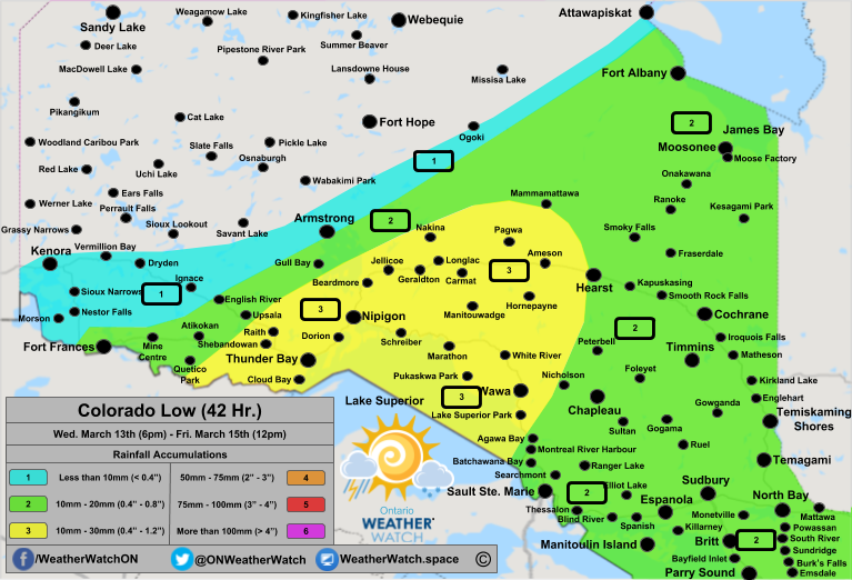 Rainfall Forecast, for Northern Ontario. Issued March 13th, 2019.