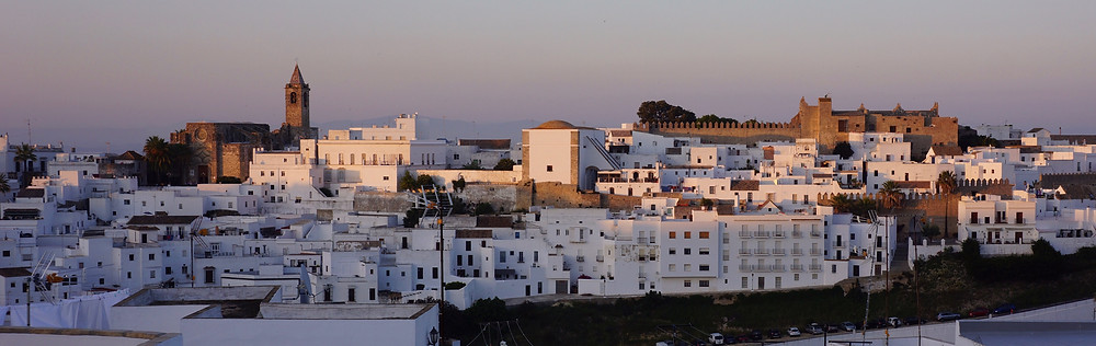 The old town skyline of Vejer photographed at sunset from Casa Colina Blanca.