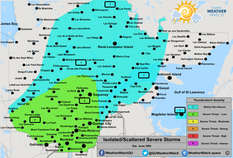 Thunderstorm Forecast, for Southern Quebec. Issued June 29th, 2019.