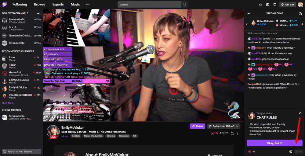 A performer live stream showing the chat function