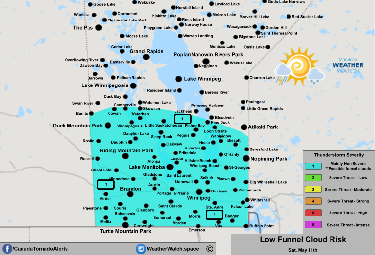 Thunderstorm + Funnel Cloud Forecast, for Southern Manitoba. Issued May 11th, 2019.