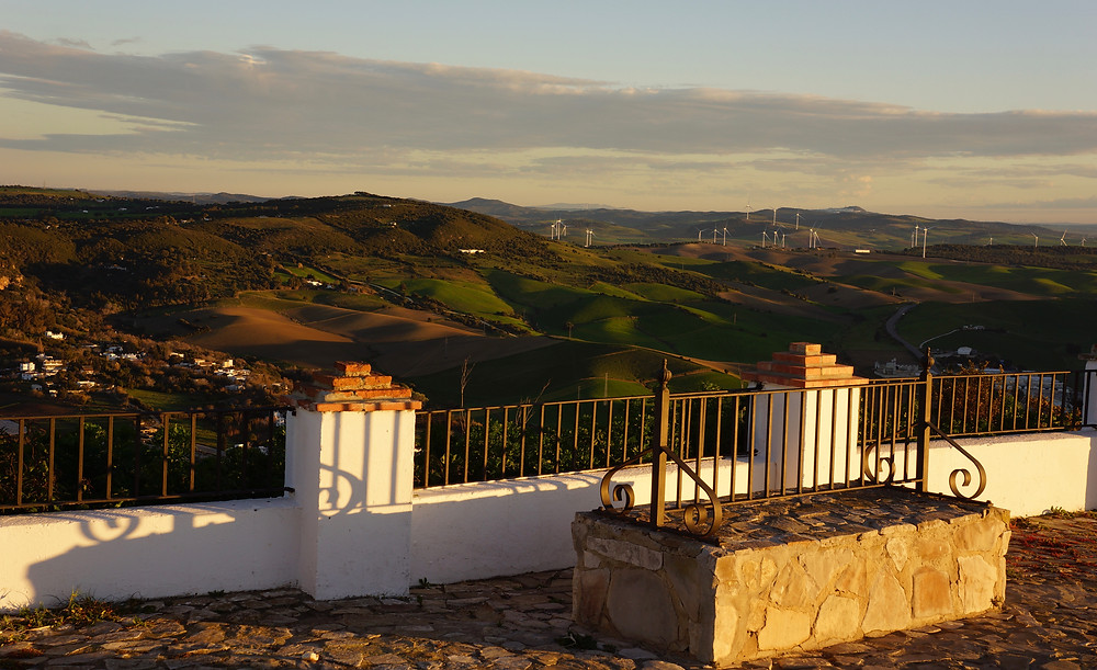 Looking north to rolling hills and scattered wind-farms.
