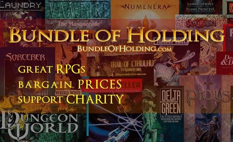 Collage of different RPG books as a background for text: Bundle of Holding. Great RPGs Bargain Prices Support Charity. 