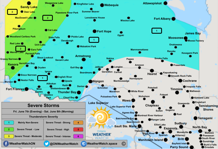 Thunderstorm Forecast, for Northern Ontario. Issued June 7th, 2019.