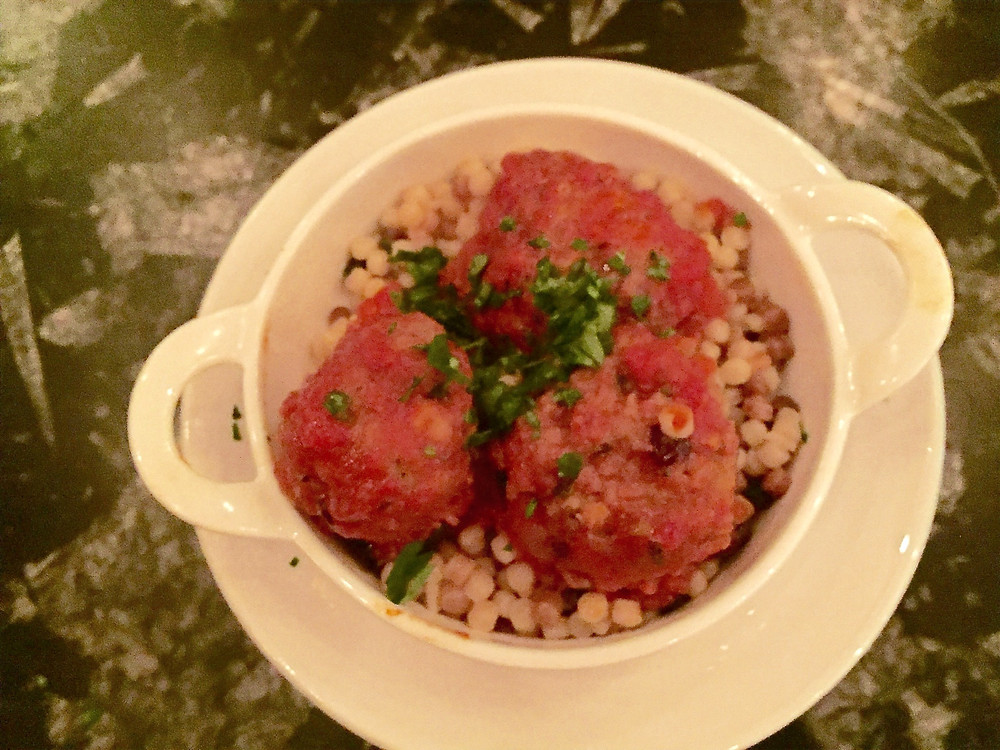 N'duja Polpette (meat balls) with sugo (sauce) and Fregola