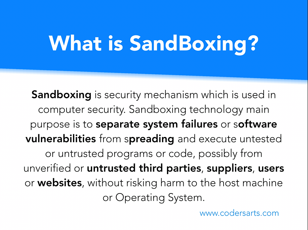 Sandboxing is security mechanism which is used in computer security. Sandboxing technology main purpose is to separate system failures or software vulnerabilities from spreading and execute untested or untrusted programs or code, possibly from unverified or untrusted third parties, suppliers, users or websites, without risking harm to the host machine or Operating System.