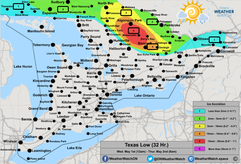 Freezing Rain Forecast, for Southern Ontario. Issued April 30th, 2019.