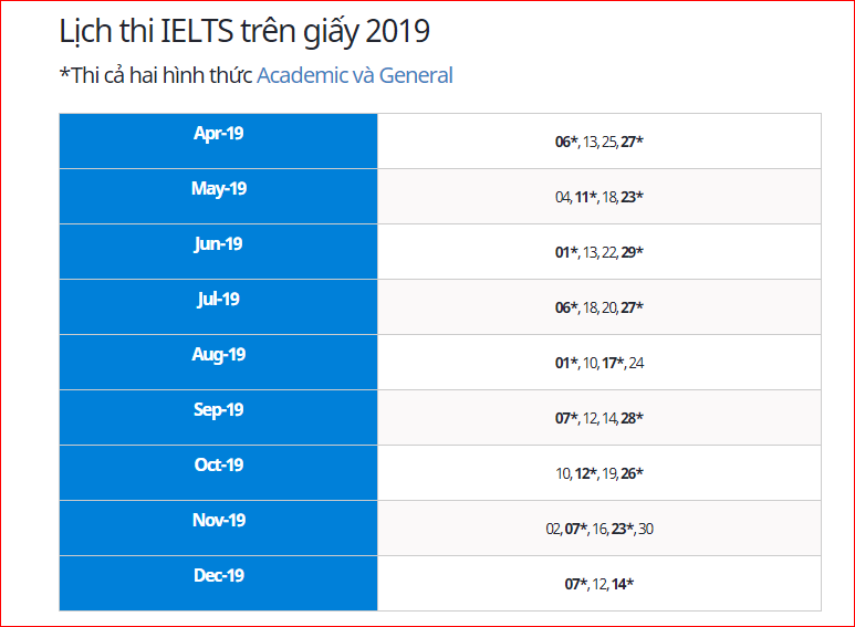 lịch thi ielts trên giấy 2019