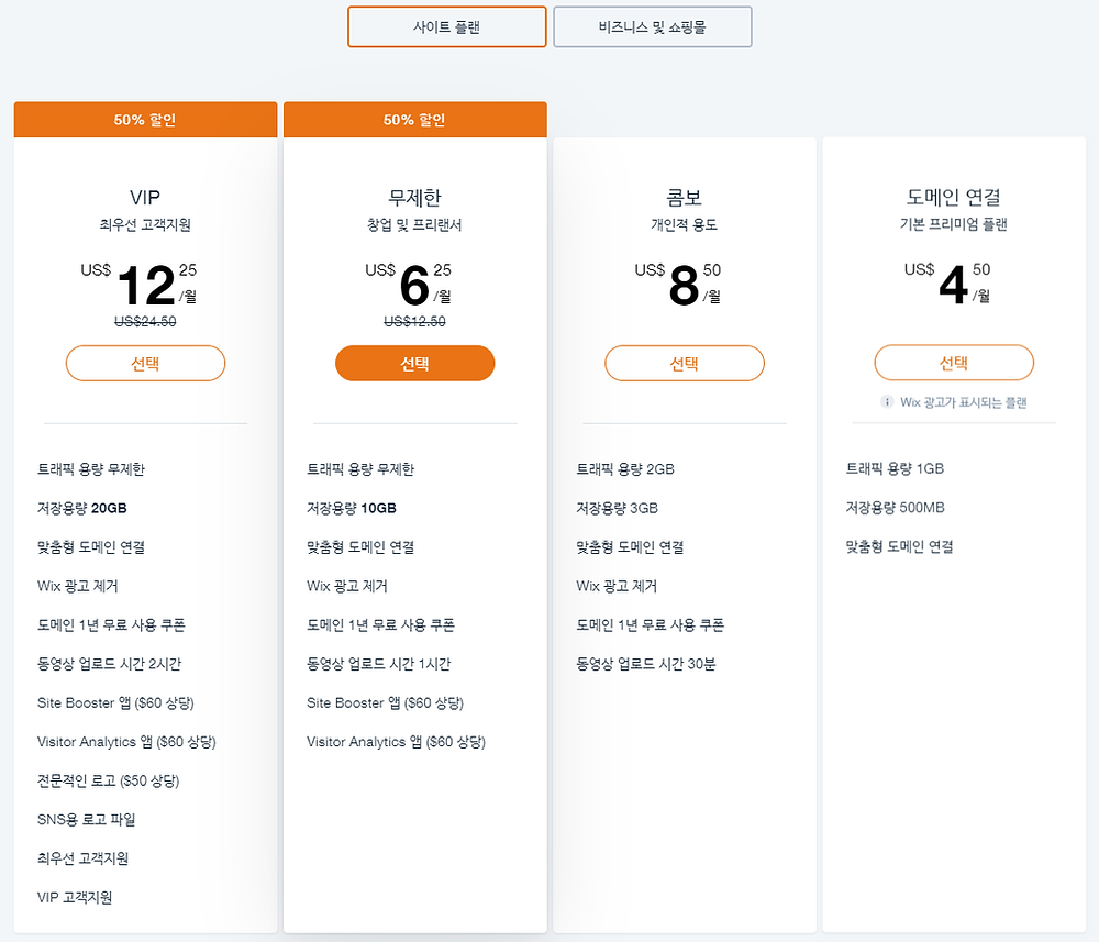WIX 사이트 플랜