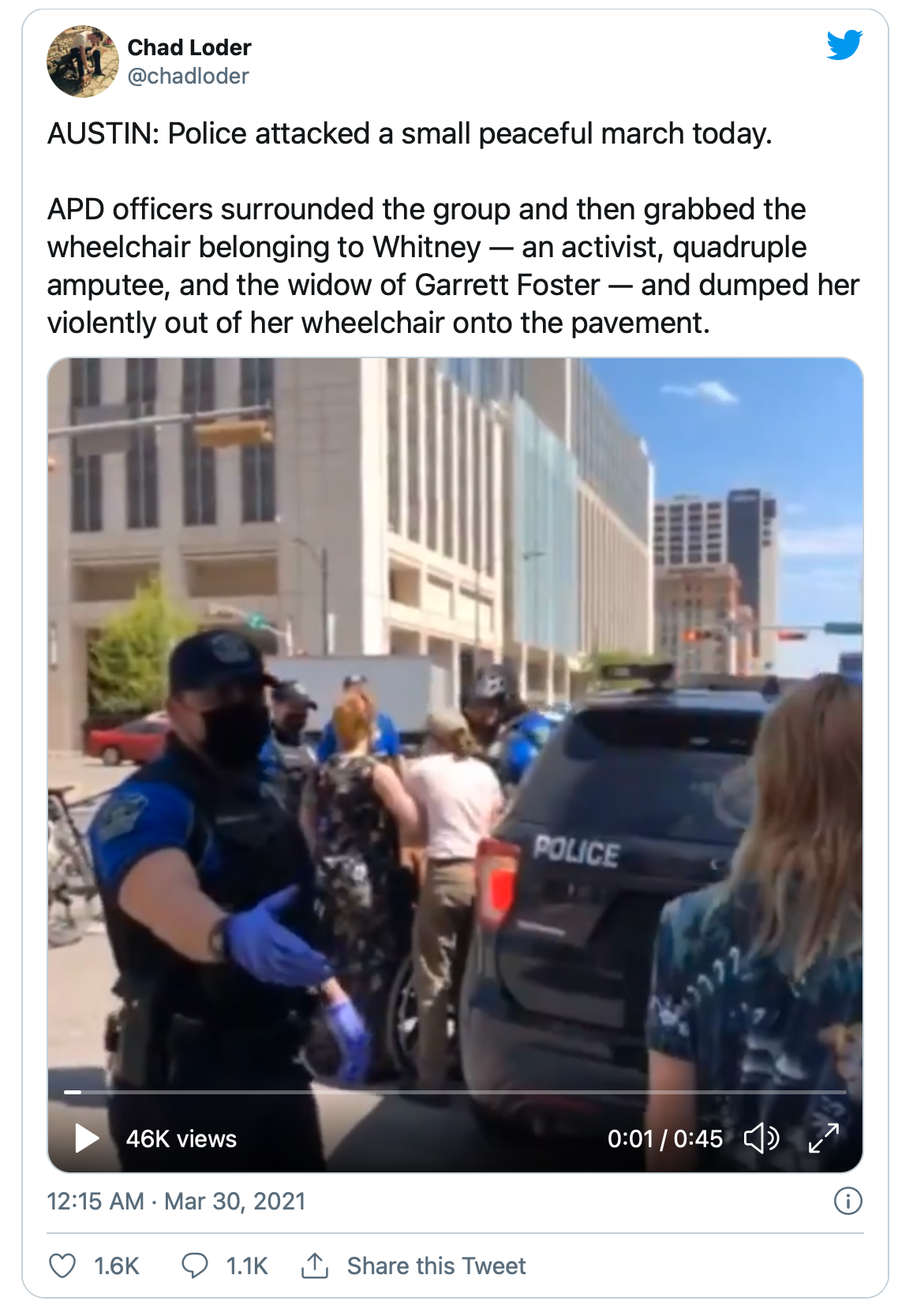 Police in Austin confront a peaceful march, grab the wheelchair of a quadruple amputee, and dump her onto the pavement. content media