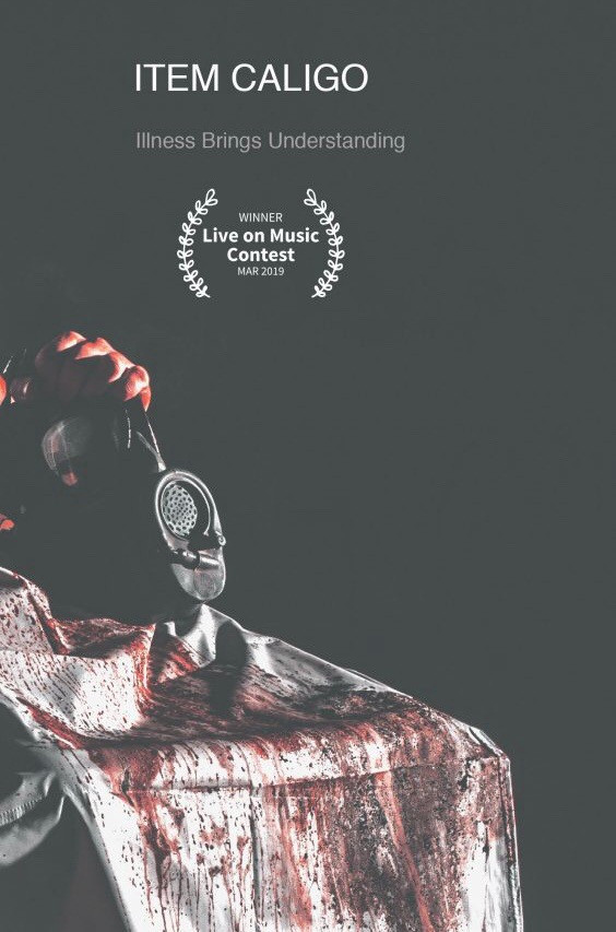 This images shows a person wearing a black gas mask and a white apron, covered in blood. The background is jet black with the title Item Caligo - Illness Brings Understanding written in plain, white text.
